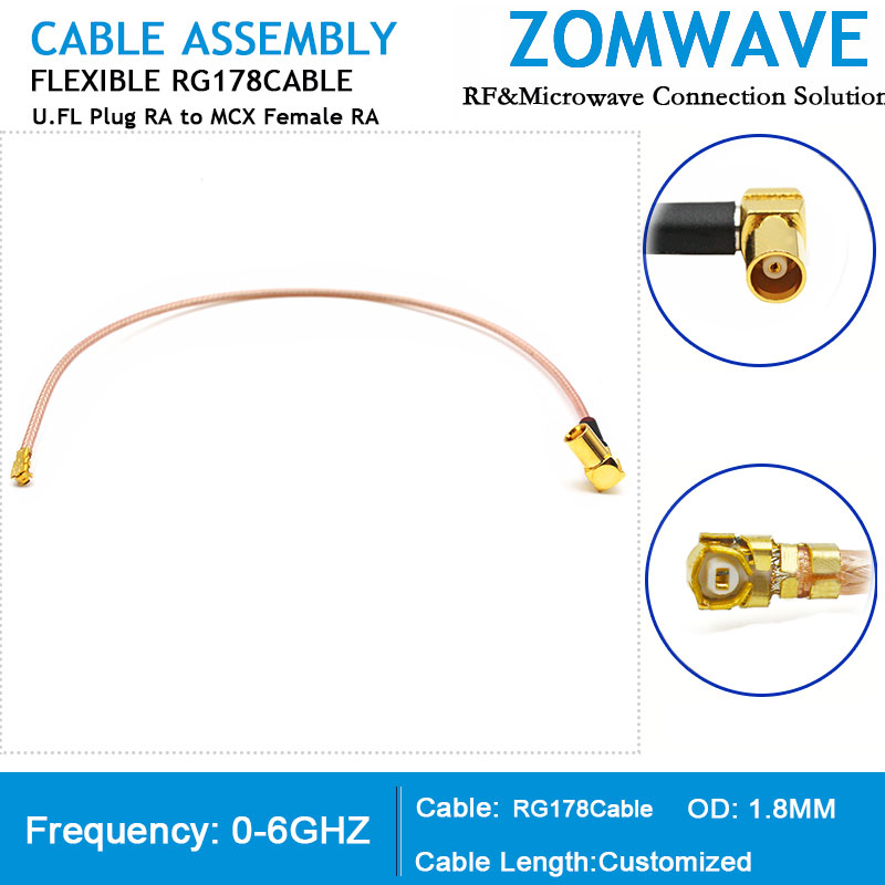 U.FL Plug Right Angle to MCX Female Right Angle, RG178 Cable, 6GHz