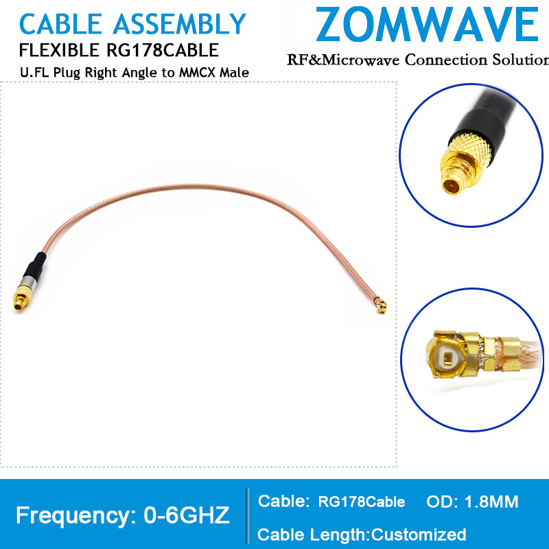 U.FL Plug Right Angle to MMCX Male, RG178 Cable, 6GHz