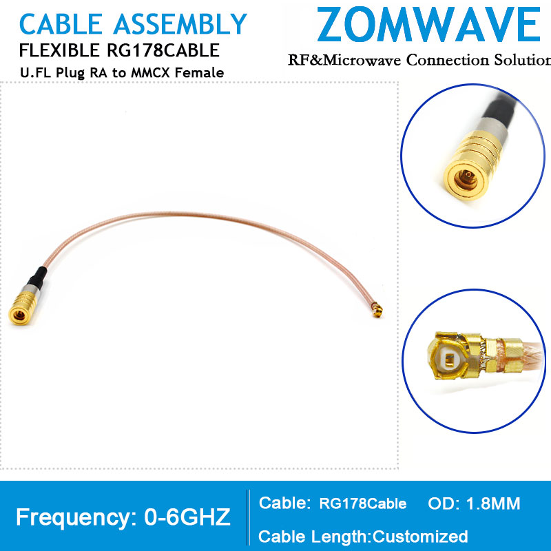 U.FL Plug Right Angle to MMCX Female, RG178 Cable, 6GHz