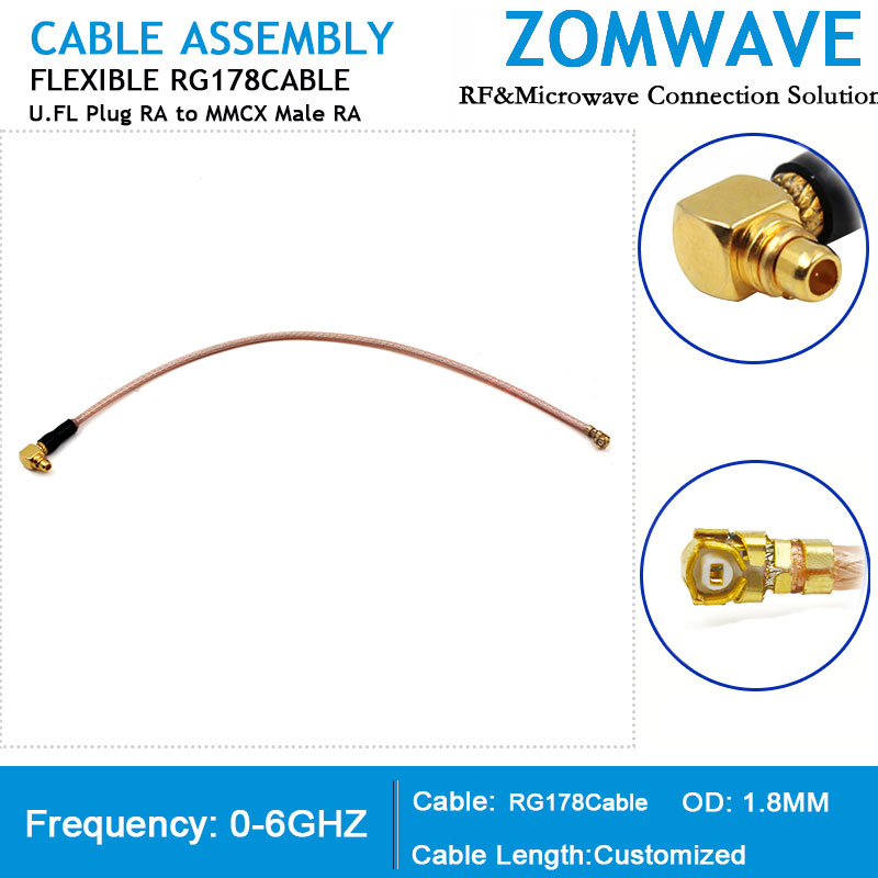 U.FL Plug Right Angle to MMCX Male Right Angle, RG178 Cable, 6GHz