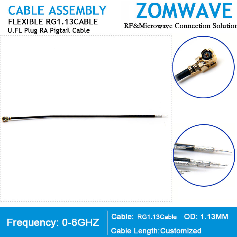 U.FL Plug Right Angle Pigtail Cable, RG1.13 Cable, 6GHz