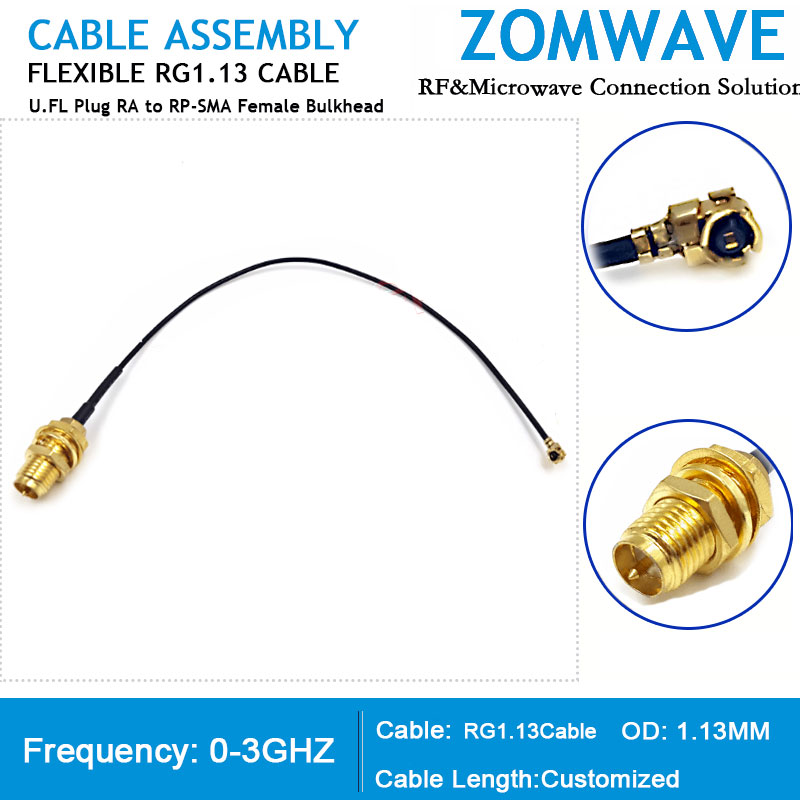 U.FL Plug Right Angle to RP-SMA Female Bulkhead, RG1.13 Cable, 3GHz