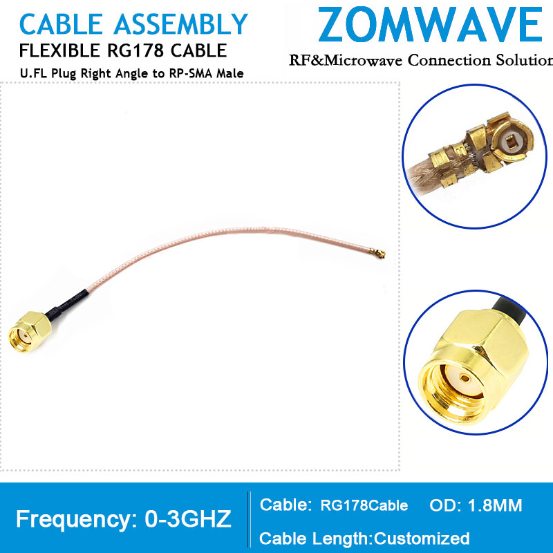 U.FL Plug Right Angle to RP-SMA Male, RG178 Cable, 3GHz