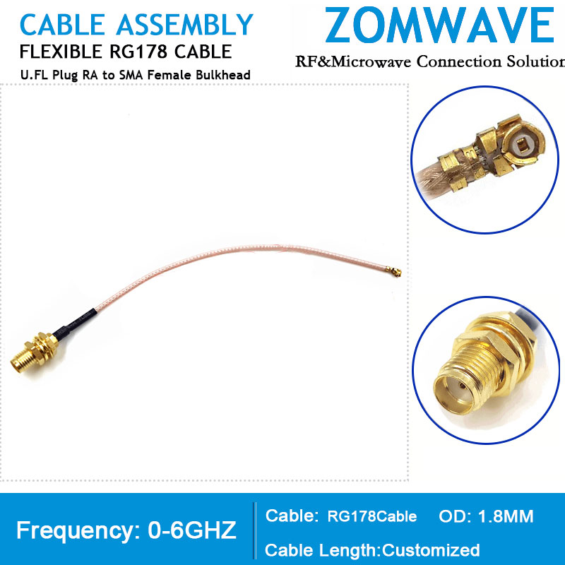 U.FL Plug Right Angle to SMA Female Bulkhead, RG178 Cable, 6GHz