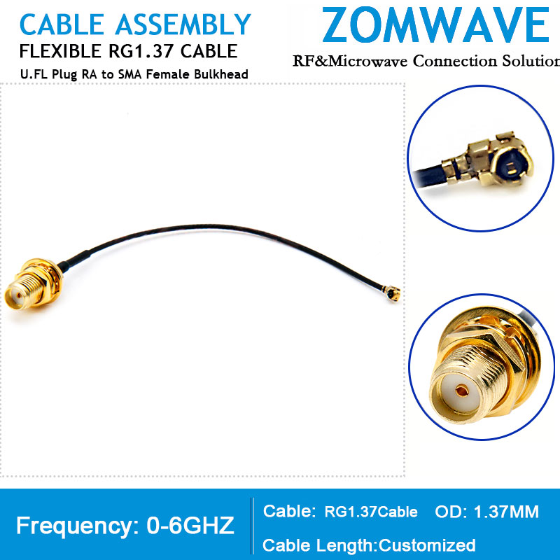 U.FL Plug Right Angle to SMA Female Bulkhead, RG1.37 Cable, 6GHz