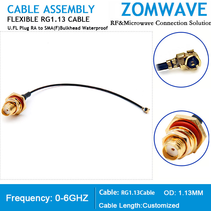 U.FL Plug Right Angle to SMA Female Bulkhead Waterproof, RG1.13 Cable, 6GHz