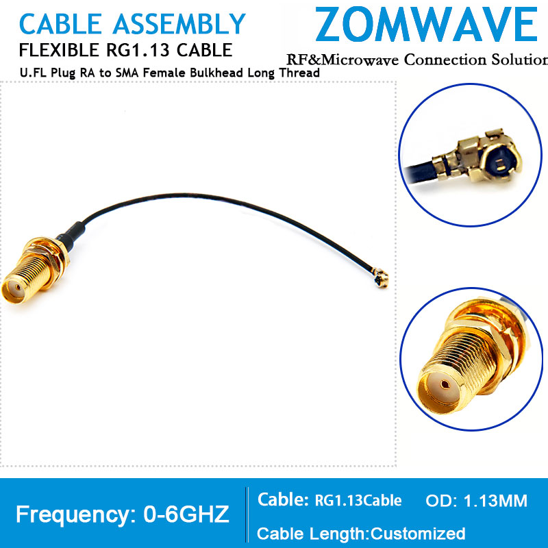 U.FL Plug Right Angle to SMA Female Bulkhead Long Thread, RG1.13 Cable, 6GHz
