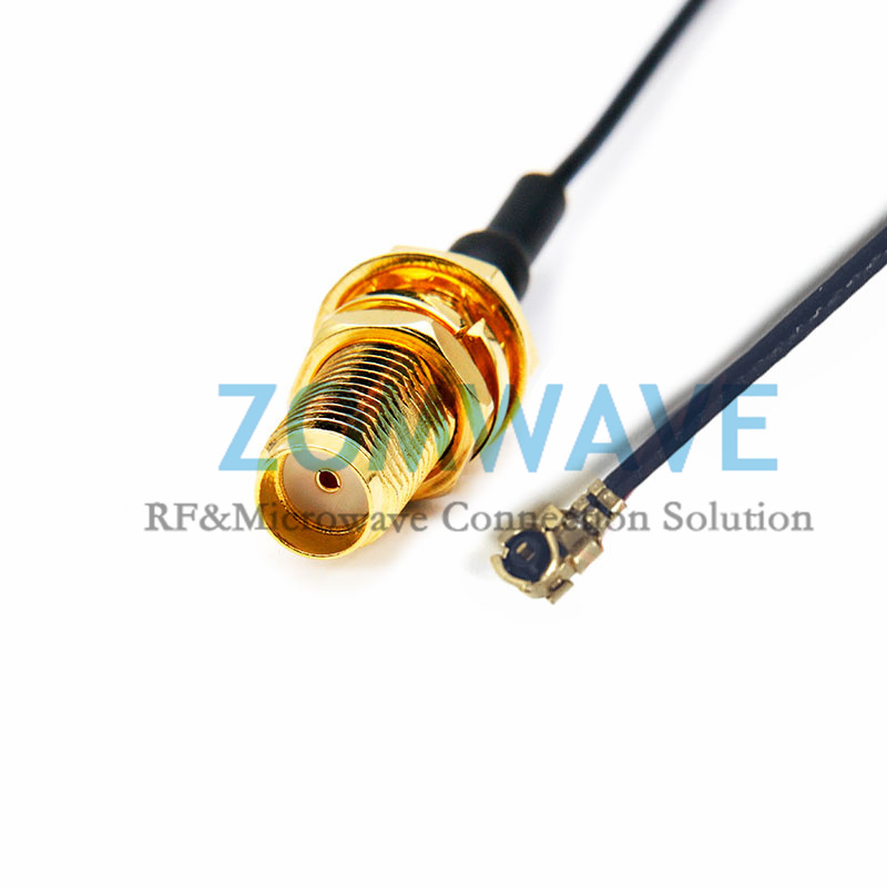 U.FL Plug Right Angle to SMA Female Bulkhead Long Thread, RG1.13 Cable, 6GHz