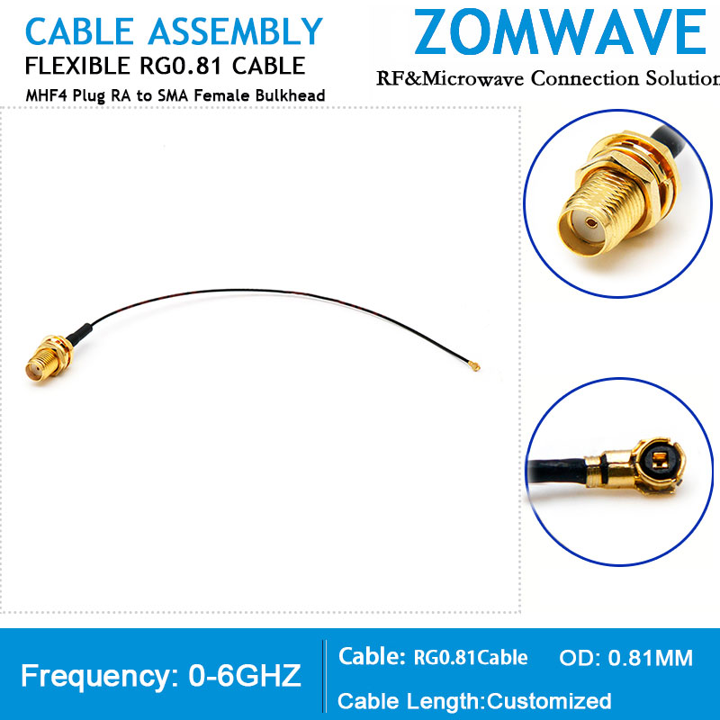 MHF4 Plug Right Angle to SMA Female Bulkhead, RG0.81 Cable, 6GHZ