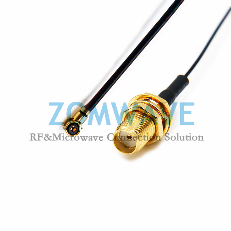MHF4 Plug Right Angle to SMA Female Bulkhead, RG0.81 Cable, 6GHZ