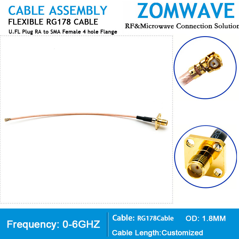 U.FL Plug Right Angle to SMA Female 4 hole Flange, RG178 Cable, 6GHz