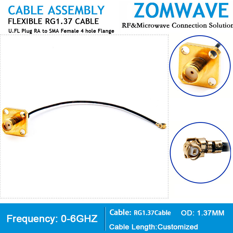 U.FL Plug Right Angle to SMA Female 4 hole Flange, RG1.37 Cable, 6GHz