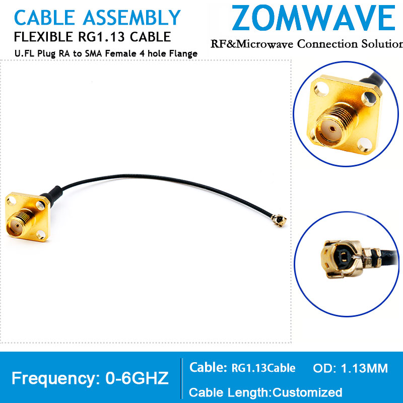 U.FL Plug Right Angle to SMA Female 4 hole Flange, RG1.13 Cable, 6GHz