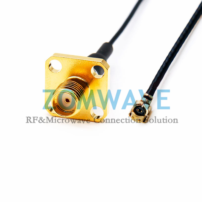 U.FL Plug Right Angle to SMA Female 4 hole Flange, RG1.13 Cable, 6GHz