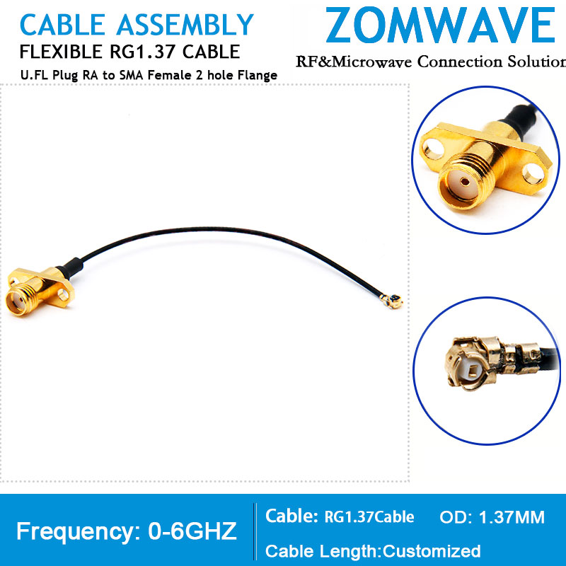 U.FL Plug Right Angle to SMA Female 2 hole Flange, RG1.37 Cable, 6GHz