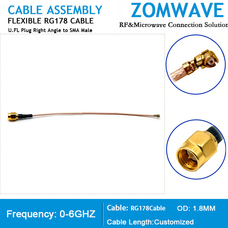 U.FL Plug Right Angle to SMA Male, RG178 Cable, 6GHz