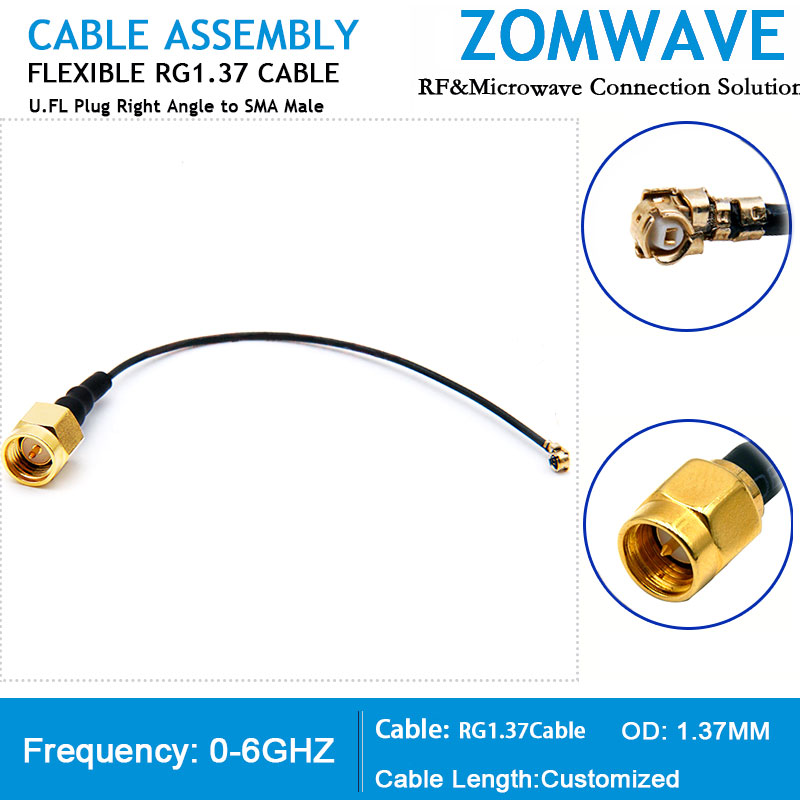 U.FL Plug Right Angle to SMA Male, RG1.37 Cable, 6GHz