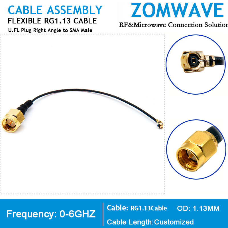 U.FL Plug Right Angle to SMA Male, RG1.13 Cable, 6GHz