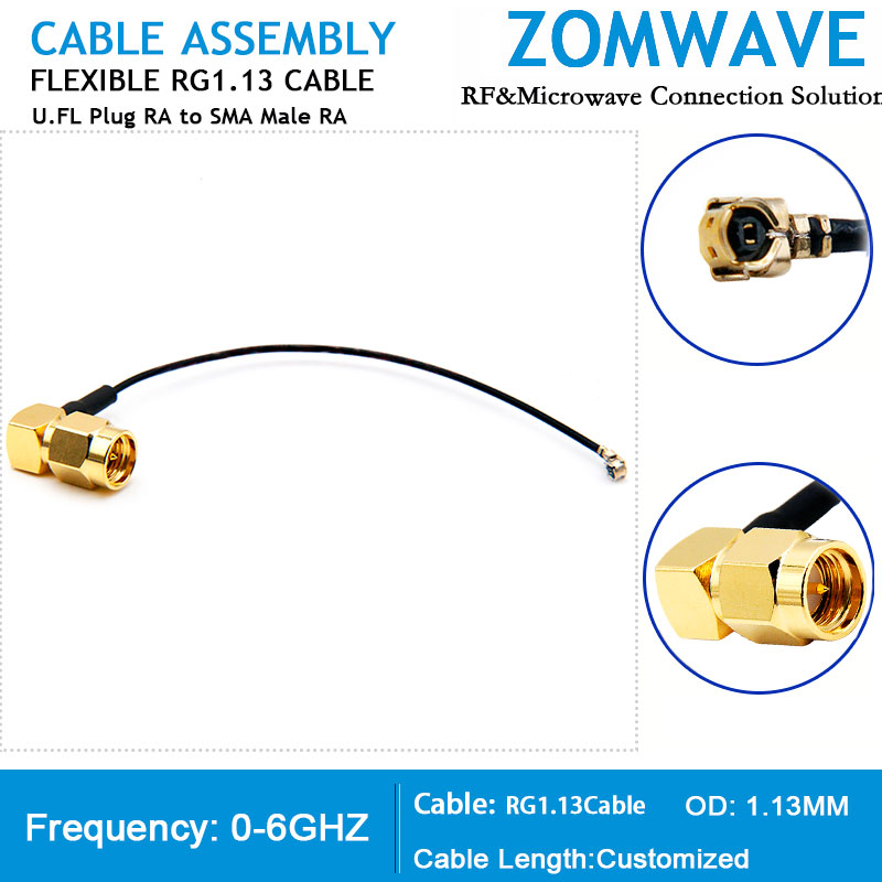 U.FL Plug Right Angle to SMA Male Right Angle, RG1.13 Cable, 6GHz