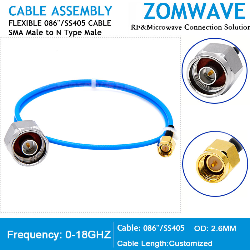 SMA Male to N Type Male, Flexible .086''_SS405 Cable, 18GHz