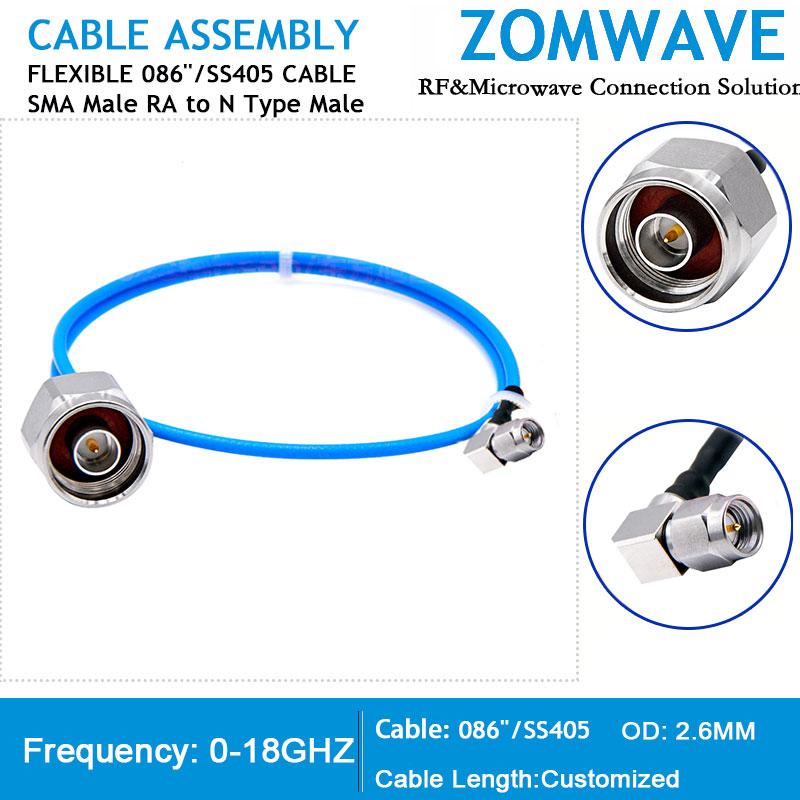 SMA Male Right Angle to N Type Male, Flexible .086''_SS405 Cable, 18GHz