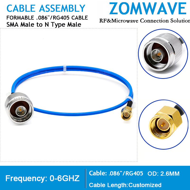 SMA Male to N Type Male, Formable .086''_RG405 Cable, 6GHz