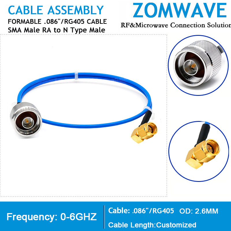 SMA Male Right Angle to N Type Male, Formable .086''_RG405 Cable, 6GHz