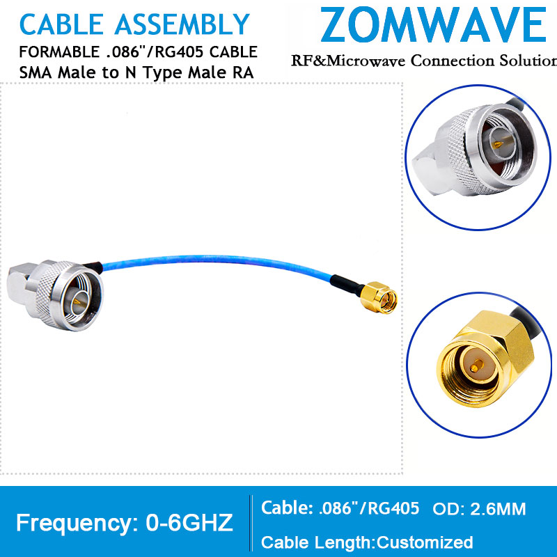 SMA Male to N Type Male Right Angle, Formable .086''_RG405 Cable, 6GHz