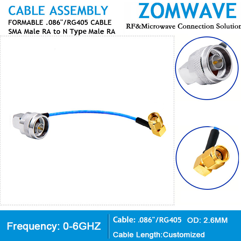 SMA Male Right Angle to N Type Male Right Angle, Formable .086''_RG405 Cable, 6G