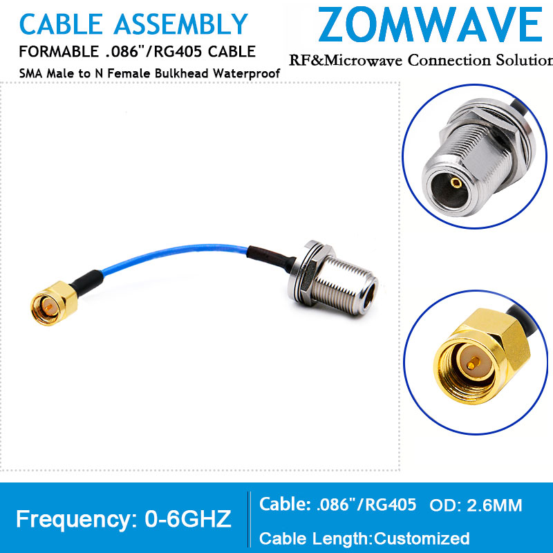 SMA Male to N Type Female Bulkhead Waterproof, Formable .086''_RG405 Cable, 6GHz