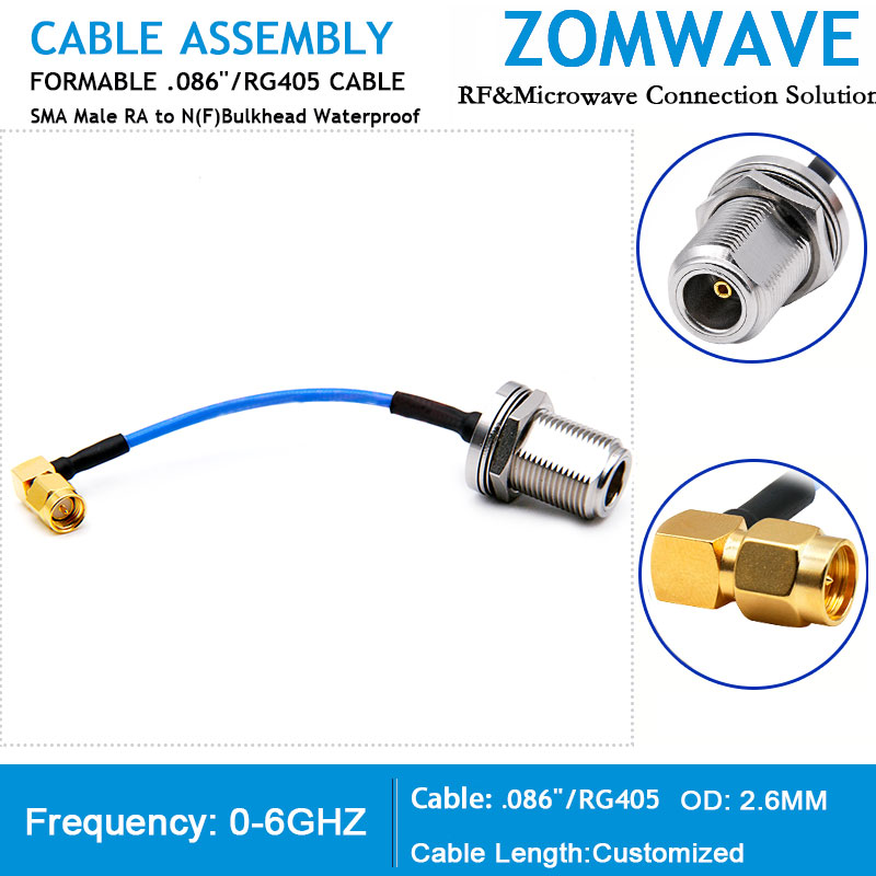 SMA Male RA to N Type Female Bulkhead Waterproof, Formable .086''_RG405, 6GHZ