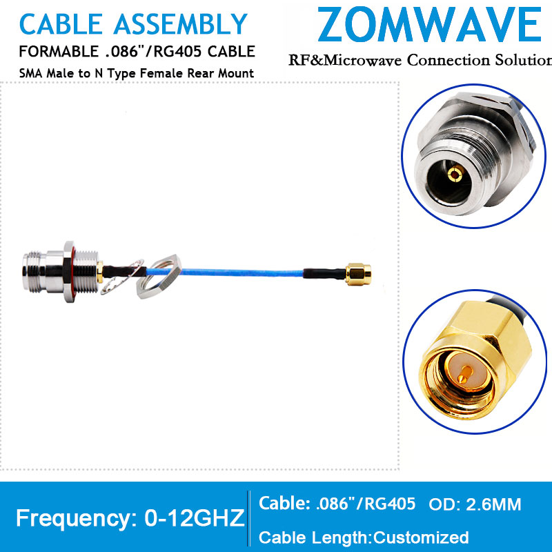 SMA Male to N Type Female Rear Mount, Formable .086''_RG405 Cable, 12GHz