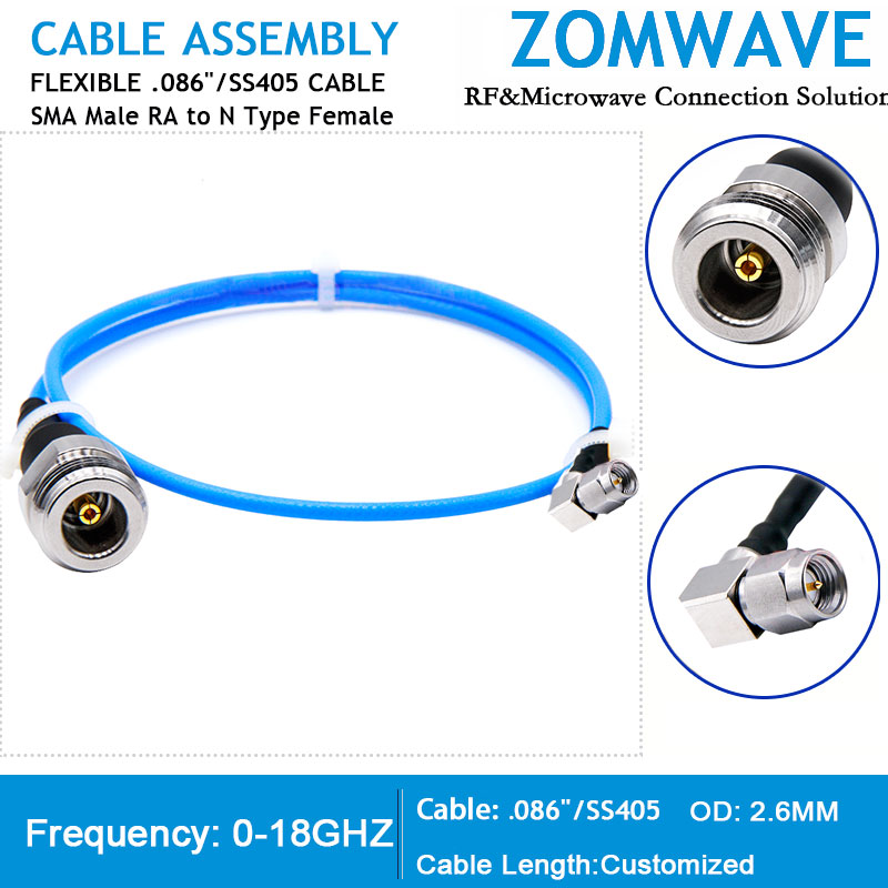 SMA Male Right Angle to N Type Female, Flexible .086''_SS405 Cable, 18GHz