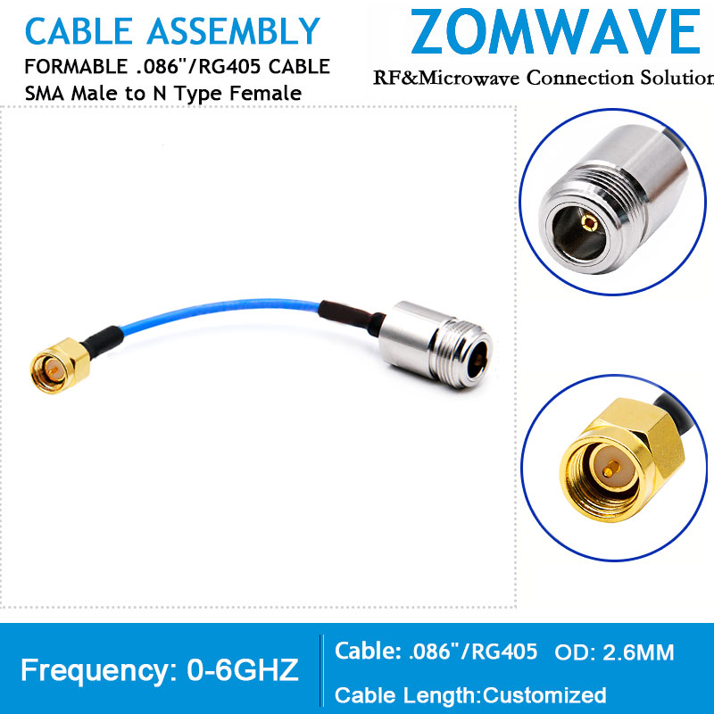 SMA Male to N Type Female, Formable .086''_RG405 Cable, 6GHz