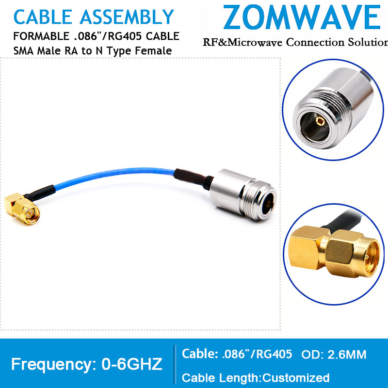 SMA Male Right Angle to N Type Female, Formable .086''_RG405 Cable, 6GHz