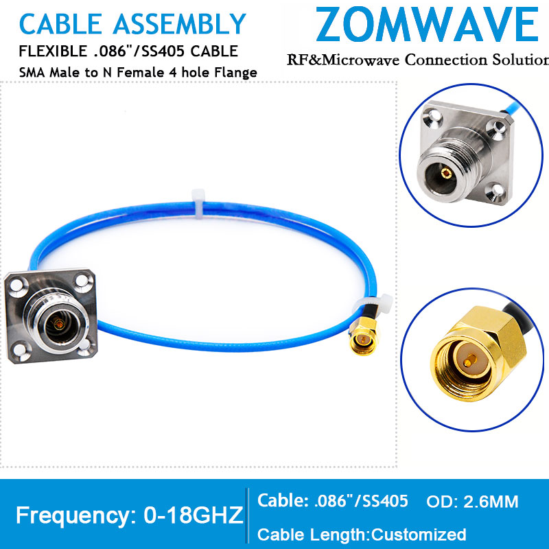 SMA Male to N Type Female 4 hole Flange, Flexible .086''_SS405 Cable, 18GHz