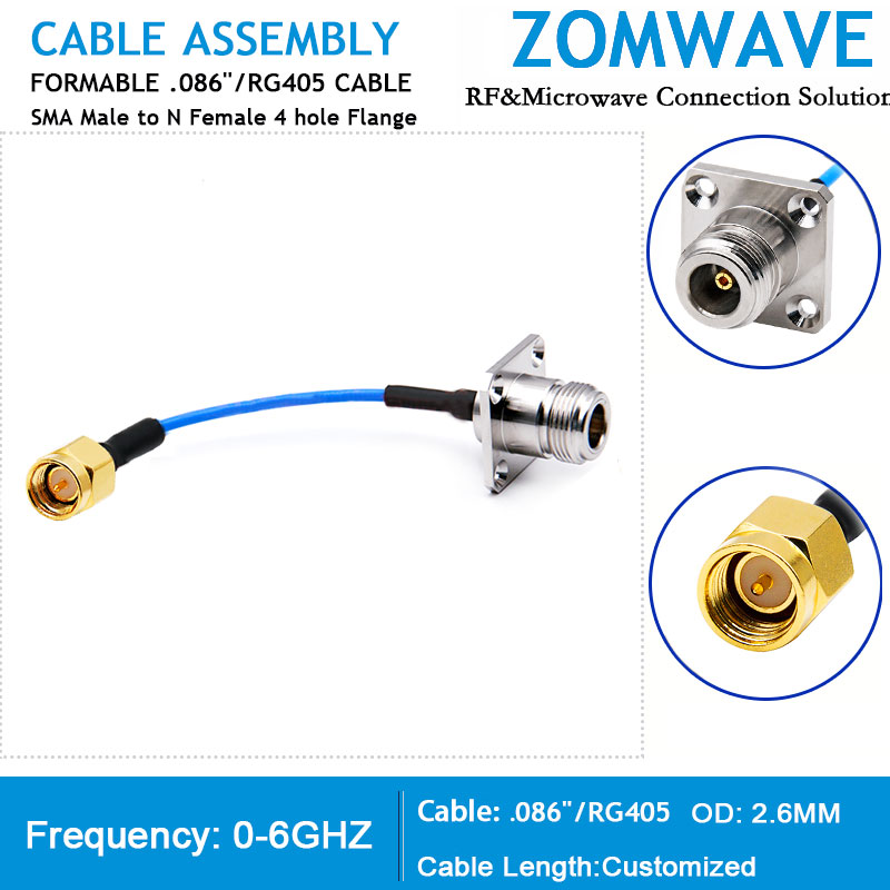 SMA Male to N Type Female 4 hole Flange, Formable .086''_RG405 Cable, 6GHz