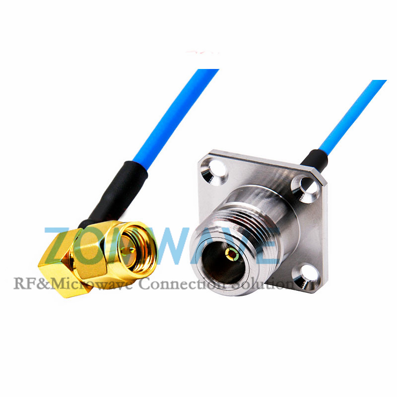 SMA Male Right Angle to N Female 4 hole Flange, Formable .086''_RG405 Cable,6GHZ