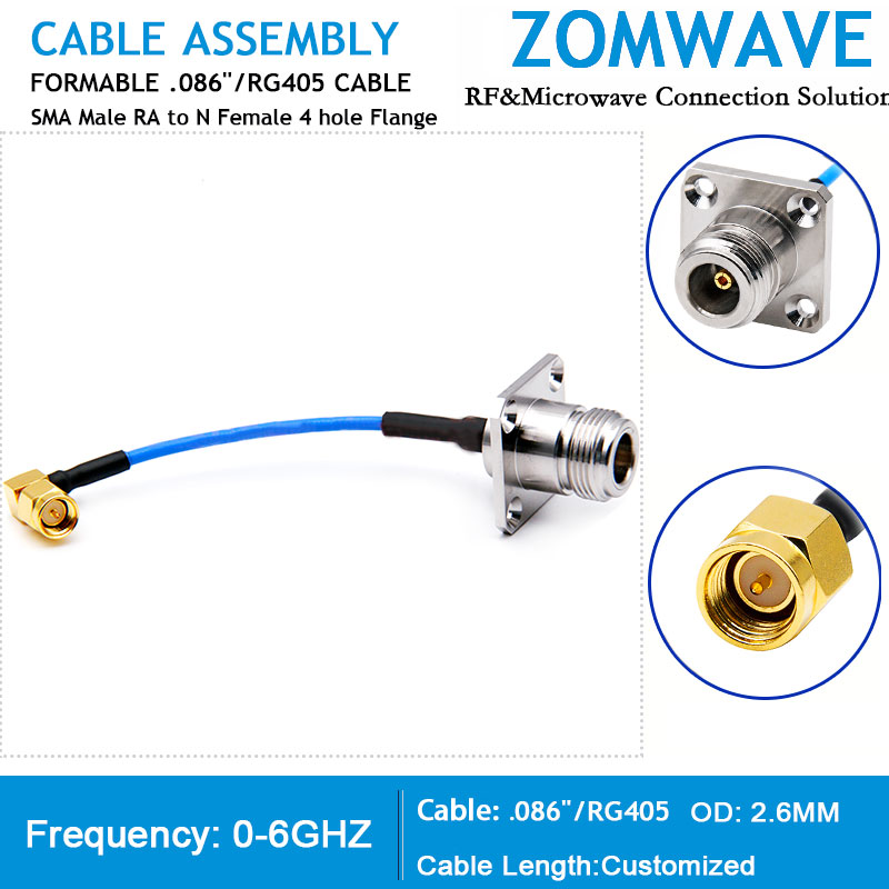 SMA Male Right Angle to N Female 4 hole Flange, Formable .086''_RG405 Cable,6GHZ