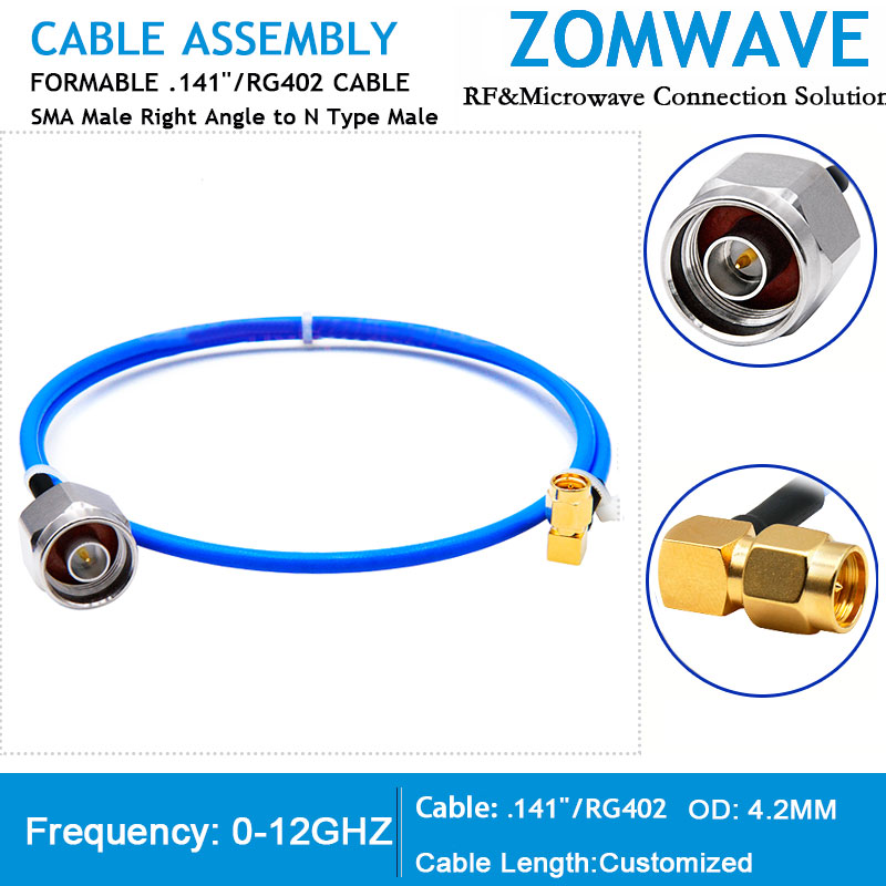 SMA Male Right Angle to N Type Male, Formable .141''_RG402 Cable, 12GHz