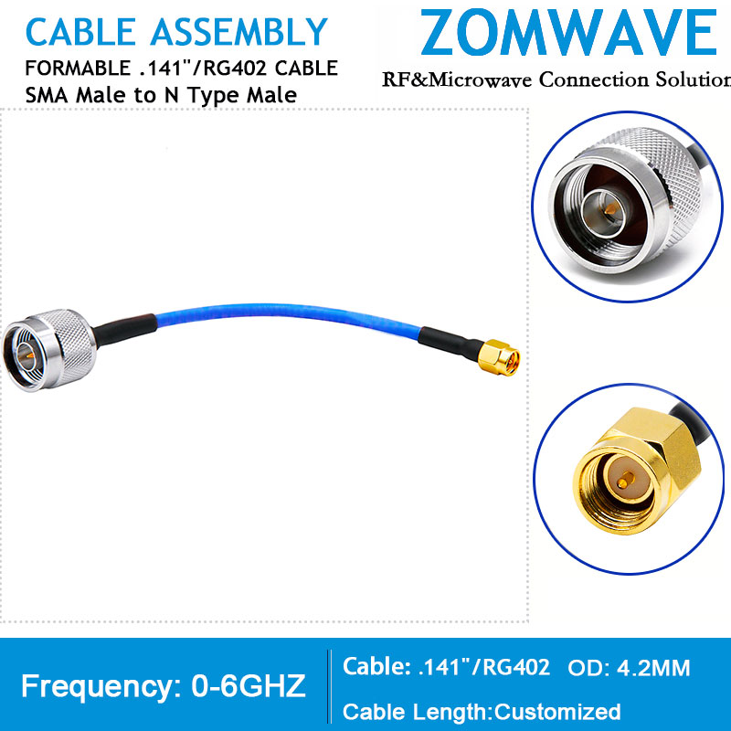 SMA Male to N Type Male, Formable .141''_RG402 Cable, 6GHz