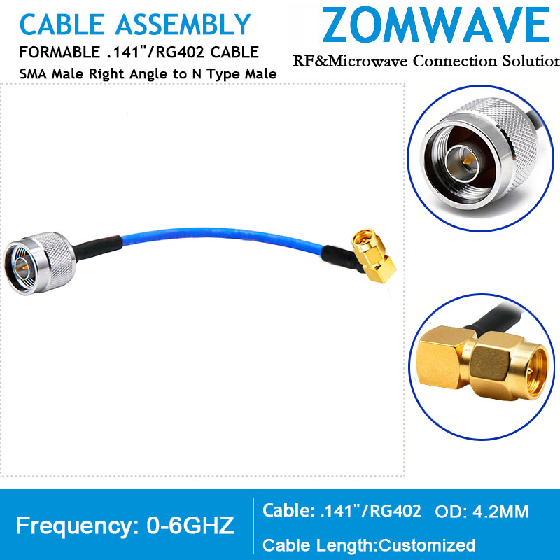 SMA Male Right Angle to N Type Male, Formable .141''_RG402 Cable, 6GHz