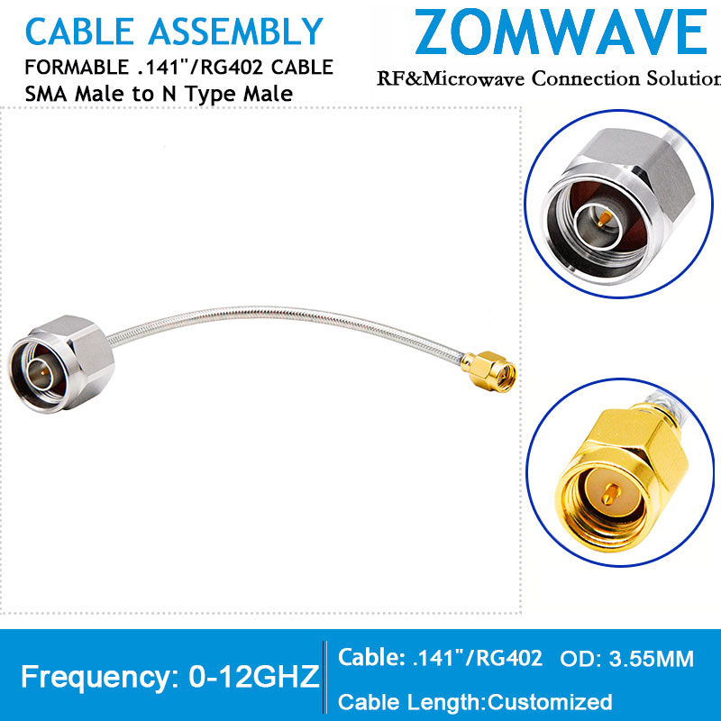 SMA Male to N Type Male, Formable .141''_RG402 Cable Without Jacket, 12GHz