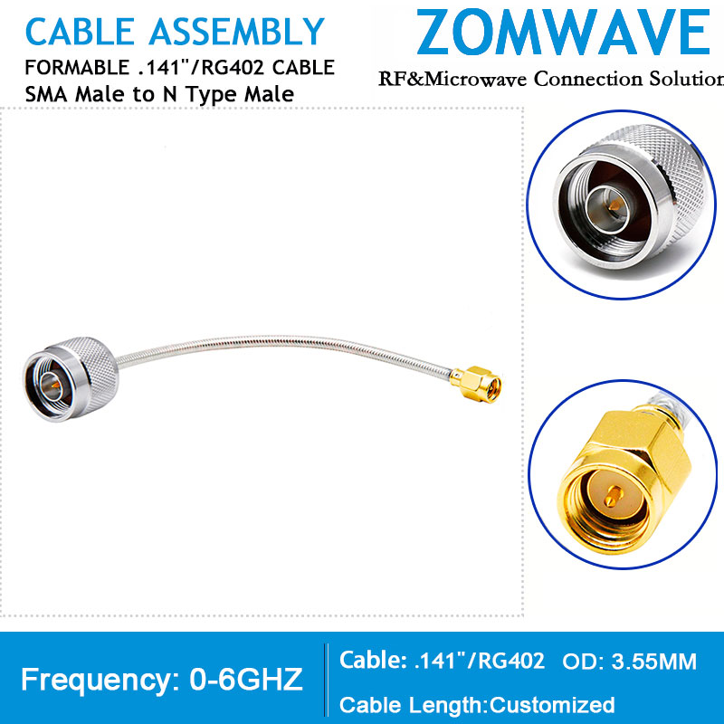 SMA Male to N Type Male, Formable .141''_RG402 Cable Without Jacket, 6GHz