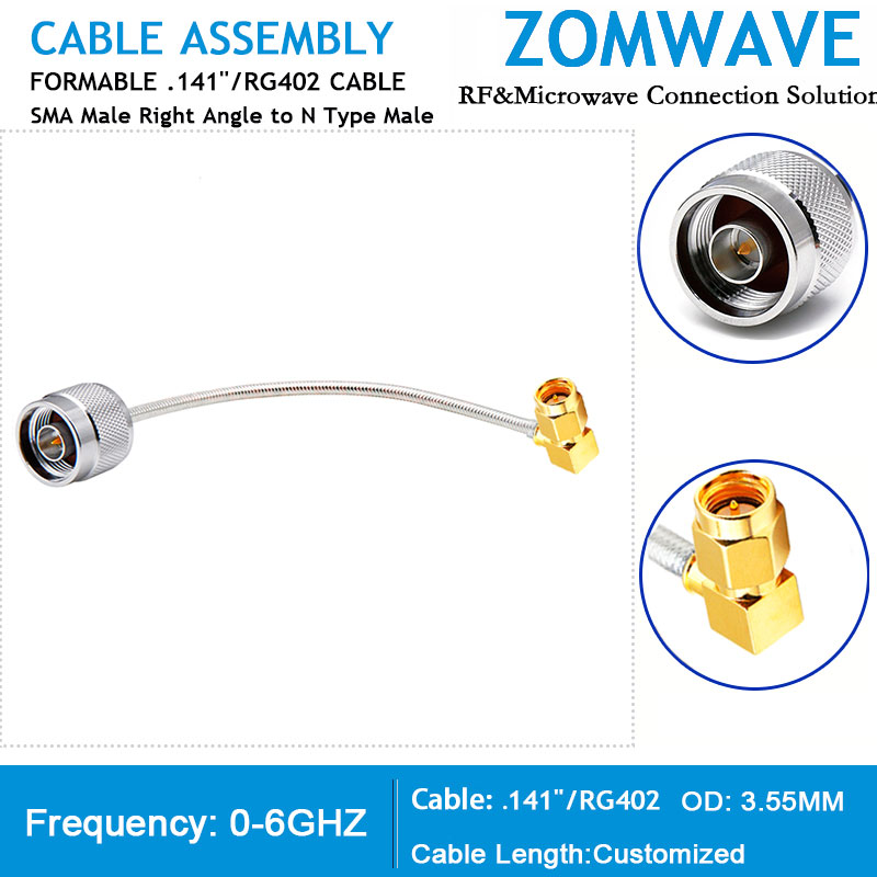 SMA Male Right Angle to N Type Male, Formable .141''_RG402 Cable Without Jacket,