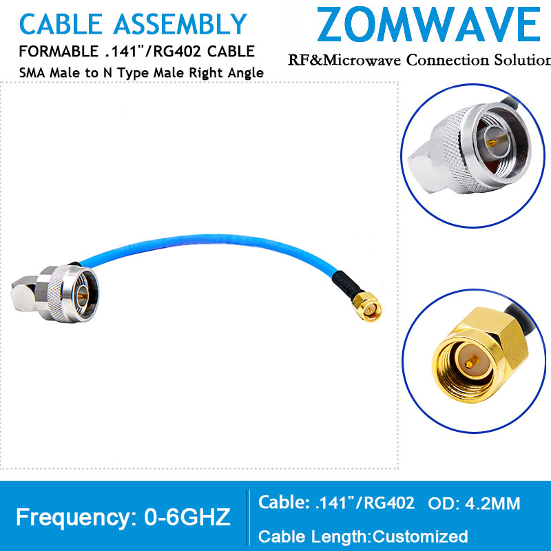 SMA Male to N Type Male Right Angle, Formable .141''_RG402 Cable, 6GHz