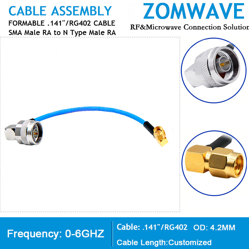 SMA Male Right Angle to N Type Male Right Angle, Formable .141''_RG402 Cable, 6G