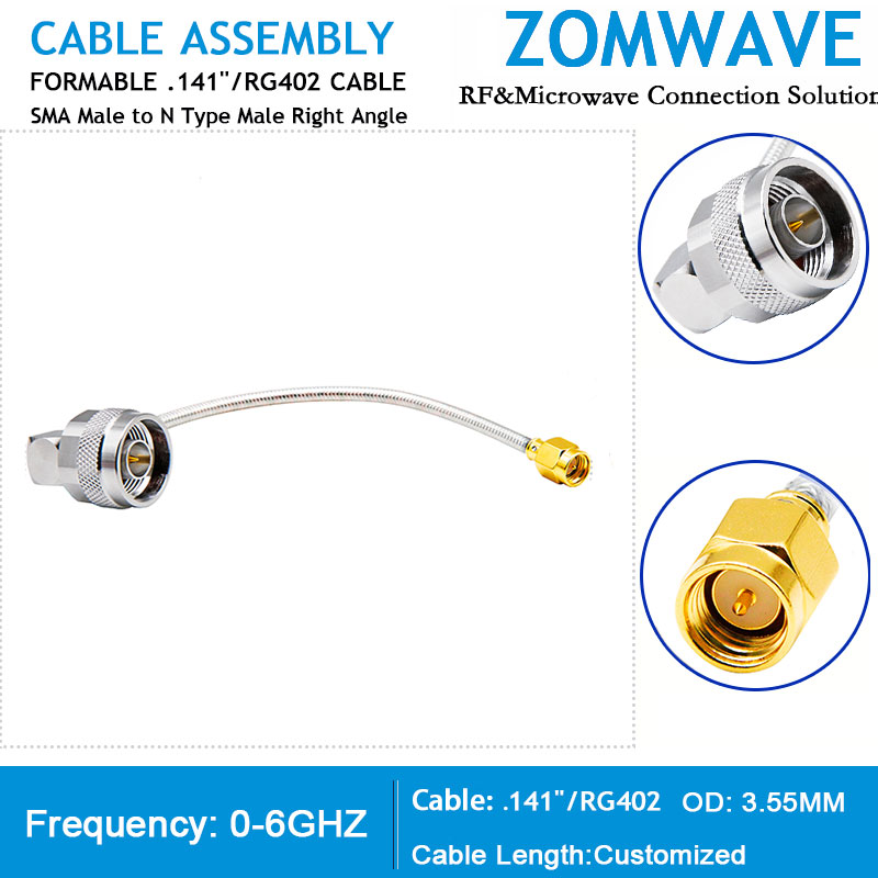 SMA Male to N Type Male RA Formable .141''_RG402 Cable Without Jacket, 6Ghz