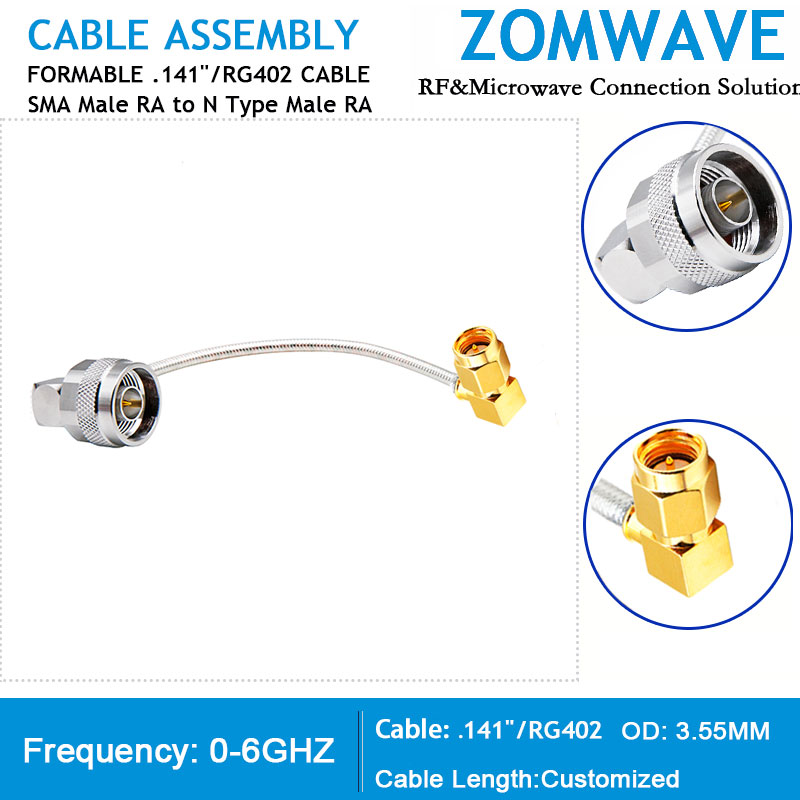 SMA Male RA to N Type Male RA, Formable .141''_RG402 Cable Without Jacket, 6GHz