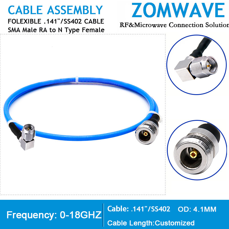 SMA Male Right Angle to N Type Female, Flexible .141''_SS402 Cable, 18GHz